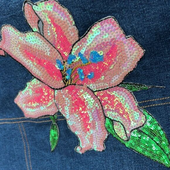 Ashro sleeveless Dress denim look faux patch pockets buttondown sequin stretch 8 - Picture 14 of 17